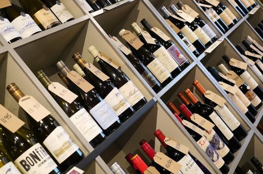 A selection of red and white wines on display at Stainton Wines, Kendal